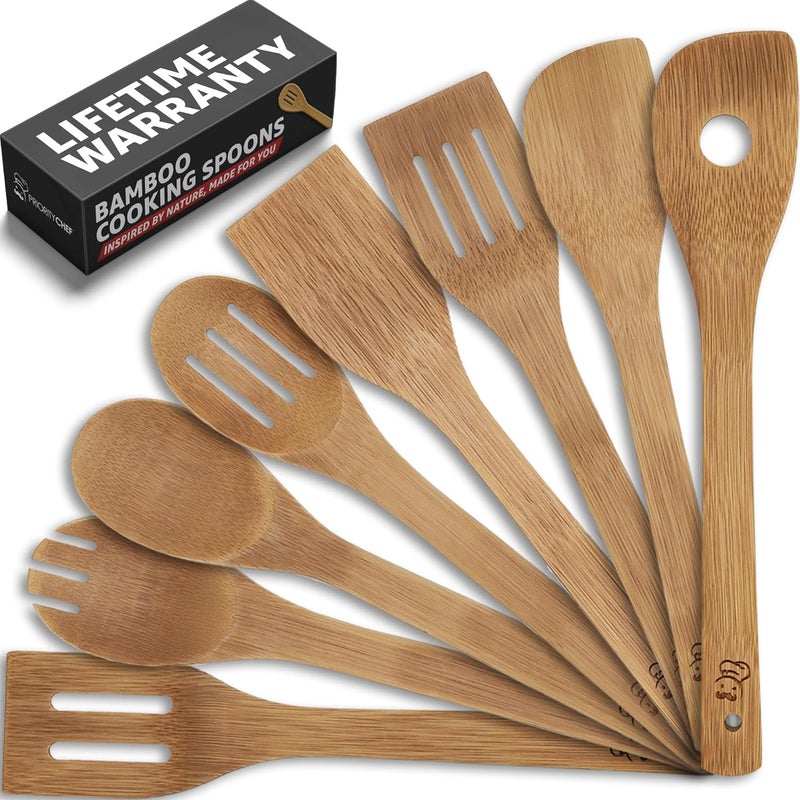 Priority Chef PriorityChef Wooden Spoons for Cooking, 8Pc Non Scratch Bamboo Cooking Utensils, Non-Toxic Wooden Utensil Set, Easy to Clean Kitchen Utensils Set for Everyday Use on All Cookware Types - Image 1